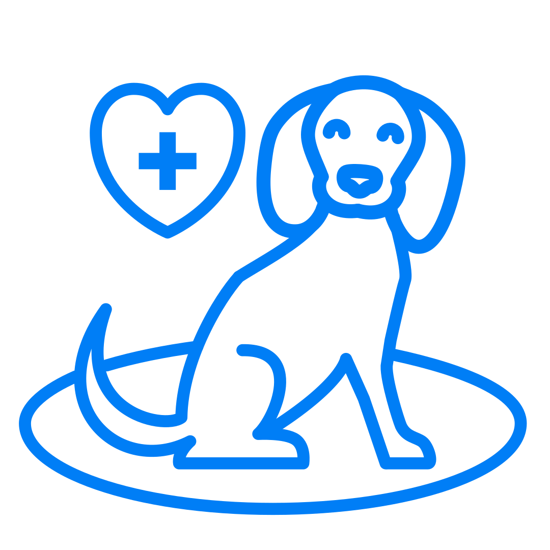 Icona sicurezza Dog Relais - Cane felice con cuore e croce medica in spazio sicuro